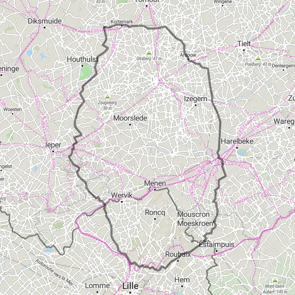 Miniature de la carte de l'inspiration cycliste "Parcours Road de Kortemark à Zillebeke" dans la Prov. West-Vlaanderen, Belgium. Générée par le planificateur d'itinéraire cycliste Tarmacs.app