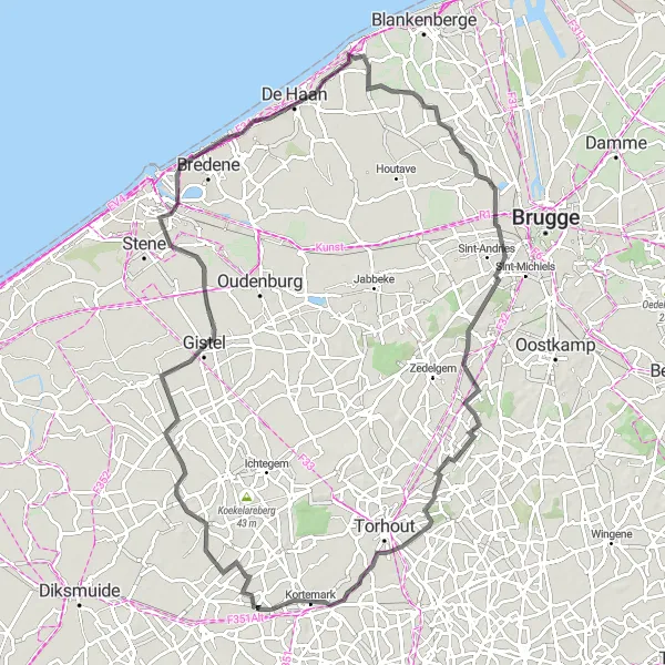 Miniatuurkaart van de fietsinspiratie "Wegroute rond Handzame" in Prov. West-Vlaanderen, Belgium. Gemaakt door de Tarmacs.app fietsrouteplanner