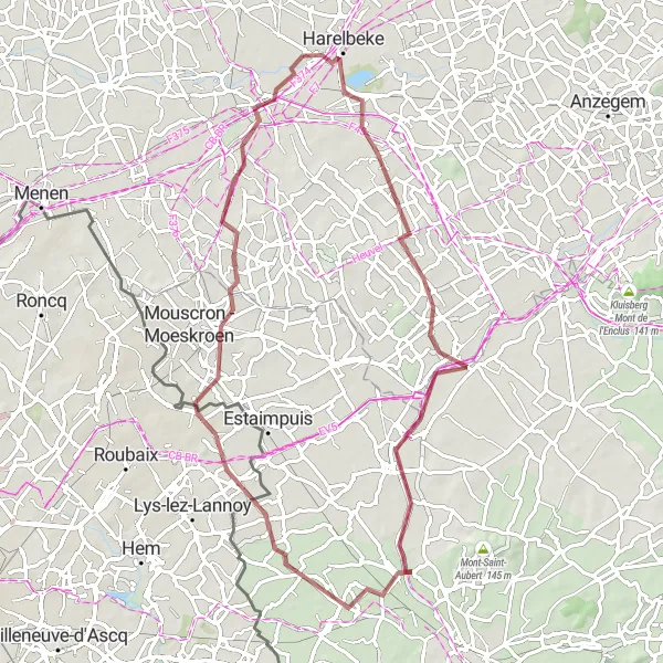 Map miniature of "Gravel Cycling Route - Exploring the Wilderness near Harelbeke" cycling inspiration in Prov. West-Vlaanderen, Belgium. Generated by Tarmacs.app cycling route planner