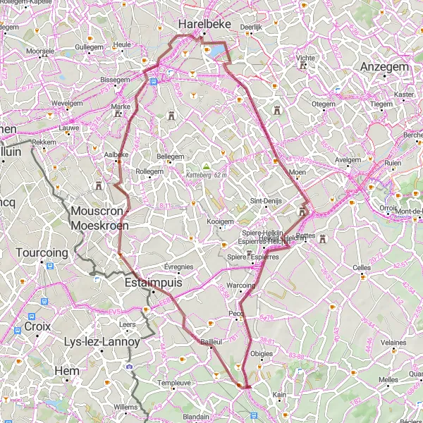 Miniatuurkaart van de fietsinspiratie "Gravelavontuur Rond Harelbeke" in Prov. West-Vlaanderen, Belgium. Gemaakt door de Tarmacs.app fietsrouteplanner