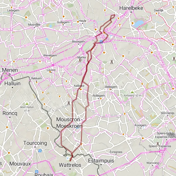 Map miniature of "Wit Kasteel Gravel Loop" cycling inspiration in Prov. West-Vlaanderen, Belgium. Generated by Tarmacs.app cycling route planner