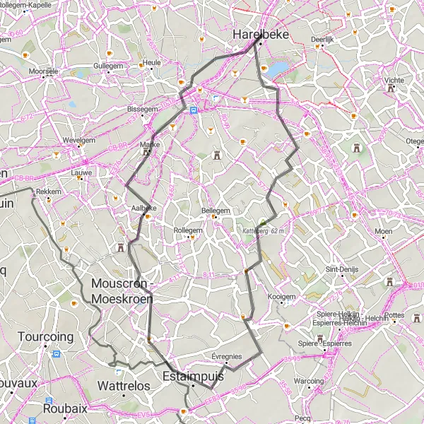 Miniatuurkaart van de fietsinspiratie "Rondrit langs Harelbeke en Kortrijk" in Prov. West-Vlaanderen, Belgium. Gemaakt door de Tarmacs.app fietsrouteplanner