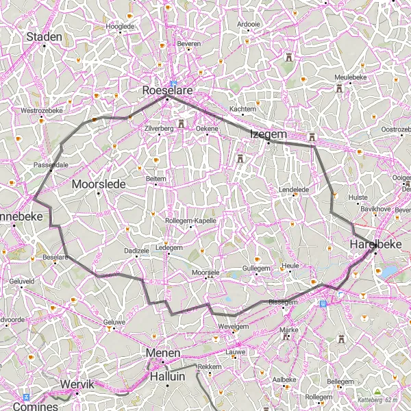 Miniature de la carte de l'inspiration cycliste "Vers la campagne flamande" dans la Prov. West-Vlaanderen, Belgium. Générée par le planificateur d'itinéraire cycliste Tarmacs.app
