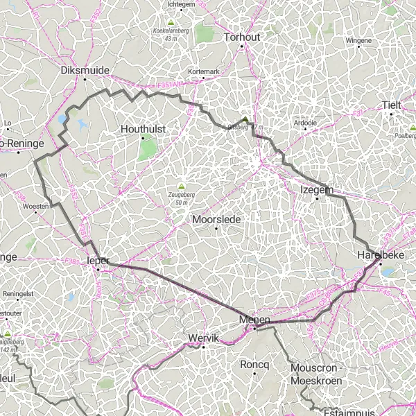 Miniatuurkaart van de fietsinspiratie "Historische tocht door West-Vlaanderen en Frankrijk" in Prov. West-Vlaanderen, Belgium. Gemaakt door de Tarmacs.app fietsrouteplanner