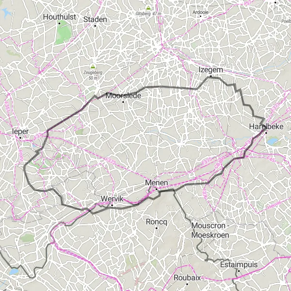 Map miniature of "Kortrijk and Beyond" cycling inspiration in Prov. West-Vlaanderen, Belgium. Generated by Tarmacs.app cycling route planner