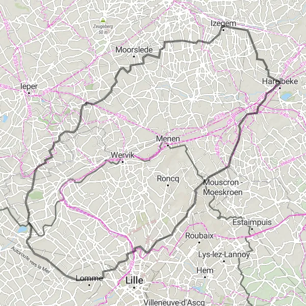 Map miniature of "Kuurne-Hulste Circuit" cycling inspiration in Prov. West-Vlaanderen, Belgium. Generated by Tarmacs.app cycling route planner