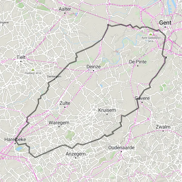 Map miniature of "The Harelbeke Gravel Adventure" cycling inspiration in Prov. West-Vlaanderen, Belgium. Generated by Tarmacs.app cycling route planner