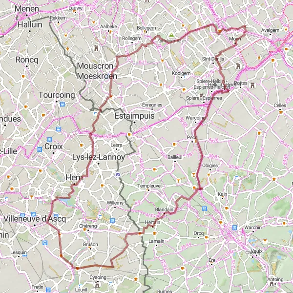 Miniatuurkaart van de fietsinspiratie "Verkenning van de Leiestreek" in Prov. West-Vlaanderen, Belgium. Gemaakt door de Tarmacs.app fietsrouteplanner