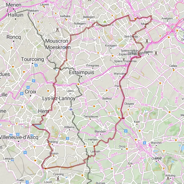 Map miniature of "Charming Gravel Tour to Bouvines and Katteberg" cycling inspiration in Prov. West-Vlaanderen, Belgium. Generated by Tarmacs.app cycling route planner
