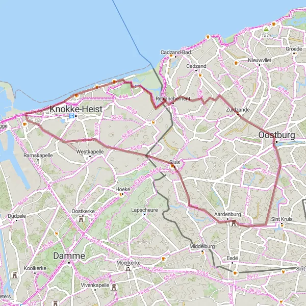 Miniatuurkaart van de fietsinspiratie "Gravelroute rond Heist naar Retranchement en Sluis" in Prov. West-Vlaanderen, Belgium. Gemaakt door de Tarmacs.app fietsrouteplanner