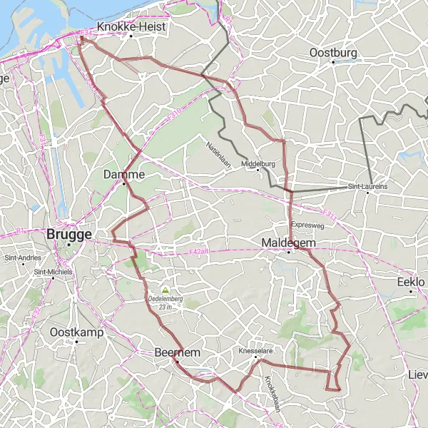 Miniatuurkaart van de fietsinspiratie "Gravelroute rond Heist" in Prov. West-Vlaanderen, Belgium. Gemaakt door de Tarmacs.app fietsrouteplanner