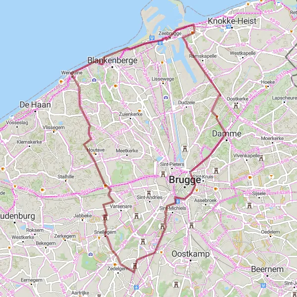 Miniatuurkaart van de fietsinspiratie "Gravelavontuur naar Zeebrugge en Wenduine" in Prov. West-Vlaanderen, Belgium. Gemaakt door de Tarmacs.app fietsrouteplanner