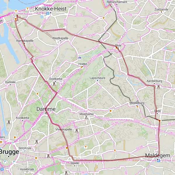 Miniatuurkaart van de fietsinspiratie "Gravelroute naar Damme en Sint-Anna ter Muiden" in Prov. West-Vlaanderen, Belgium. Gemaakt door de Tarmacs.app fietsrouteplanner