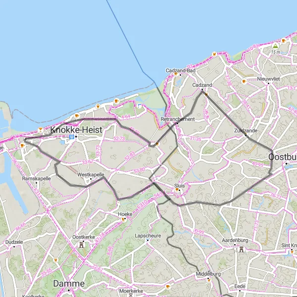 Map miniature of "Retranchement Road Loop" cycling inspiration in Prov. West-Vlaanderen, Belgium. Generated by Tarmacs.app cycling route planner