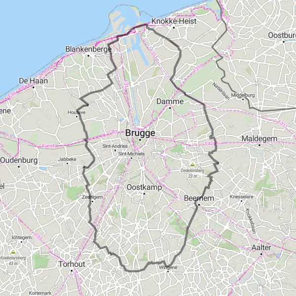 Miniatuurkaart van de fietsinspiratie "Roadtrip naar Snellegem en Zuienkerke" in Prov. West-Vlaanderen, Belgium. Gemaakt door de Tarmacs.app fietsrouteplanner