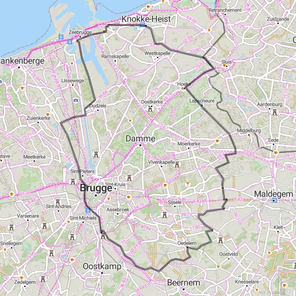 Miniatuurkaart van de fietsinspiratie "Wegroute door Lapscheure en Oedelem" in Prov. West-Vlaanderen, Belgium. Gemaakt door de Tarmacs.app fietsrouteplanner