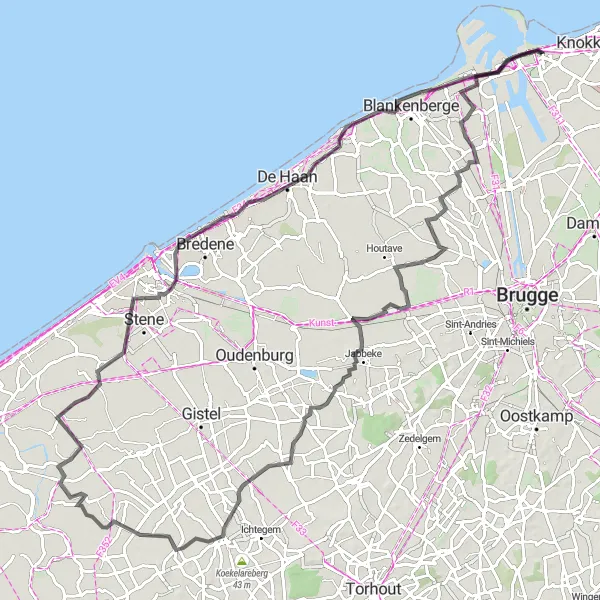 Karten-Miniaturansicht der Radinspiration "Küstenroute von Heist nach Zeebrugge" in Prov. West-Vlaanderen, Belgium. Erstellt vom Tarmacs.app-Routenplaner für Radtouren