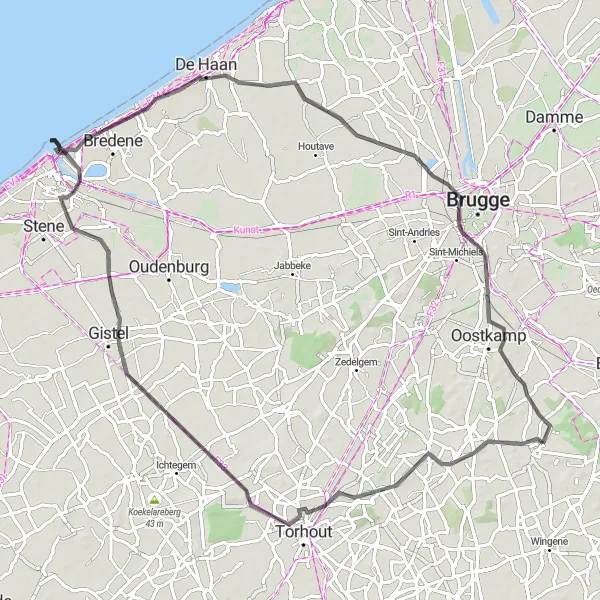 Miniature de la carte de l'inspiration cycliste "La Boucle du Phare" dans la Prov. West-Vlaanderen, Belgium. Générée par le planificateur d'itinéraire cycliste Tarmacs.app