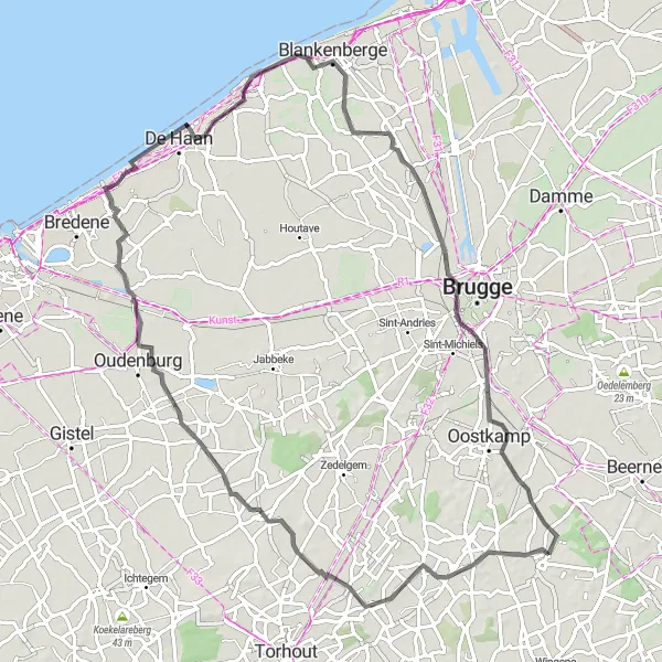 Karten-Miniaturansicht der Radinspiration "Fantastische Radtour von Aartrijke nach Oostkamp" in Prov. West-Vlaanderen, Belgium. Erstellt vom Tarmacs.app-Routenplaner für Radtouren