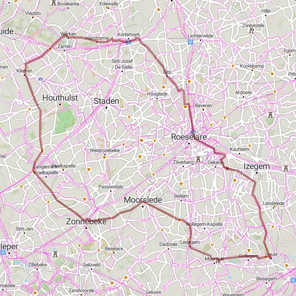 Miniature de la carte de l'inspiration cycliste "Randonnée Gravel autour de Heule" dans la Prov. West-Vlaanderen, Belgium. Générée par le planificateur d'itinéraire cycliste Tarmacs.app