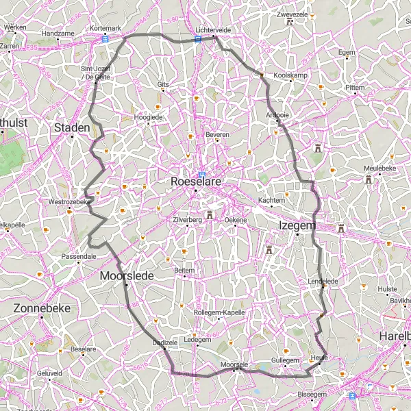 Miniature de la carte de l'inspiration cycliste "Parcours Route pittoresque près de Heule" dans la Prov. West-Vlaanderen, Belgium. Générée par le planificateur d'itinéraire cycliste Tarmacs.app