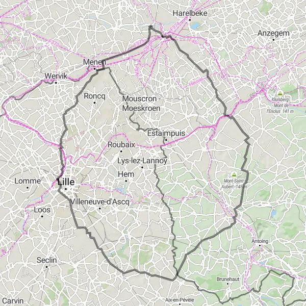 Miniature de la carte de l'inspiration cycliste "Boucle de Sint-Denijs à Halluin" dans la Prov. West-Vlaanderen, Belgium. Générée par le planificateur d'itinéraire cycliste Tarmacs.app