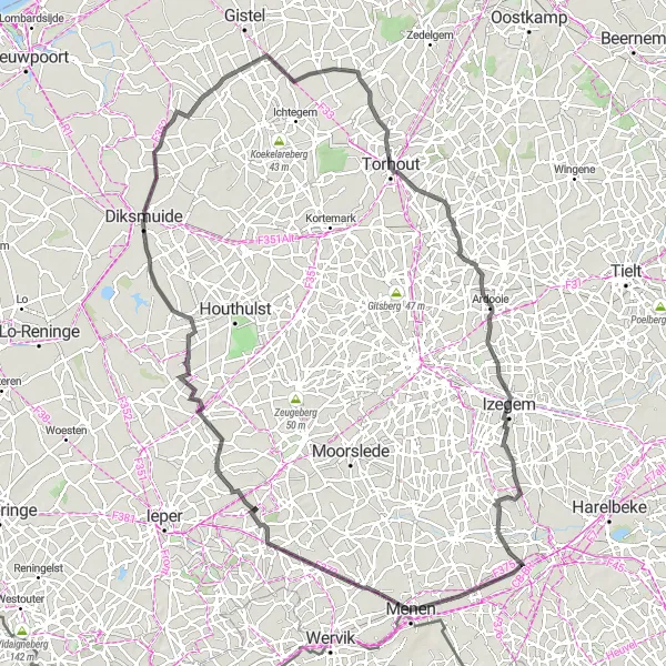 Miniature de la carte de l'inspiration cycliste "Parcours Route de Leie à Gullegem" dans la Prov. West-Vlaanderen, Belgium. Générée par le planificateur d'itinéraire cycliste Tarmacs.app