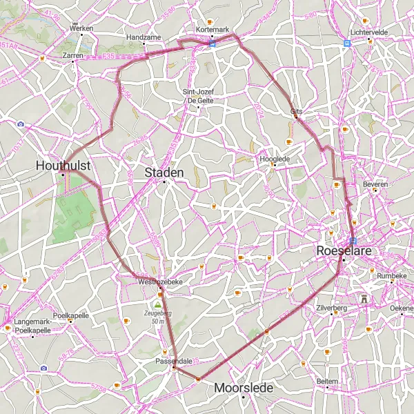 Map miniature of "The Gravel Explorer" cycling inspiration in Prov. West-Vlaanderen, Belgium. Generated by Tarmacs.app cycling route planner