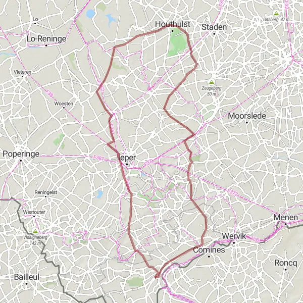 Map miniature of "The Gravel Adventure" cycling inspiration in Prov. West-Vlaanderen, Belgium. Generated by Tarmacs.app cycling route planner