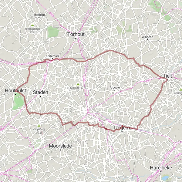 Karten-Miniaturansicht der Radinspiration "Gravel-Rundfahrt von Houthulst nach Vijfwegen und zurück" in Prov. West-Vlaanderen, Belgium. Erstellt vom Tarmacs.app-Routenplaner für Radtouren