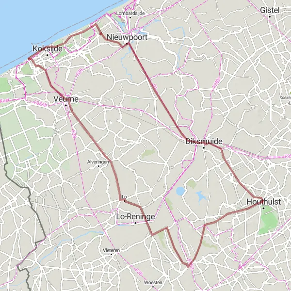 Karten-Miniaturansicht der Radinspiration "Gravel-Rundfahrt von Houthulst nach Jonkershove und zurück" in Prov. West-Vlaanderen, Belgium. Erstellt vom Tarmacs.app-Routenplaner für Radtouren