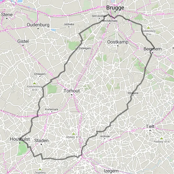 Karten-Miniaturansicht der Radinspiration "Straßenrundfahrt von Houthulst nach Oostnieuwkerke und zurück" in Prov. West-Vlaanderen, Belgium. Erstellt vom Tarmacs.app-Routenplaner für Radtouren