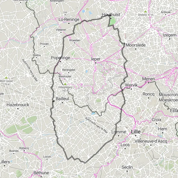 Map miniature of "The West-Flanders Fields Loop" cycling inspiration in Prov. West-Vlaanderen, Belgium. Generated by Tarmacs.app cycling route planner