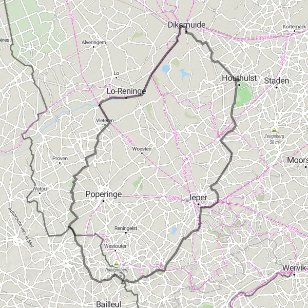 Karten-Miniaturansicht der Radinspiration "Rundfahrt von Houthulst nach Peace Mill und zurück" in Prov. West-Vlaanderen, Belgium. Erstellt vom Tarmacs.app-Routenplaner für Radtouren