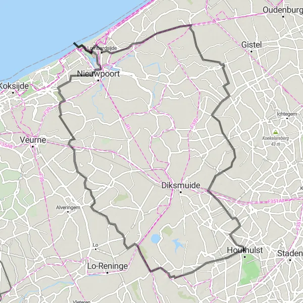 Map miniature of "The Coastal Gems Route" cycling inspiration in Prov. West-Vlaanderen, Belgium. Generated by Tarmacs.app cycling route planner