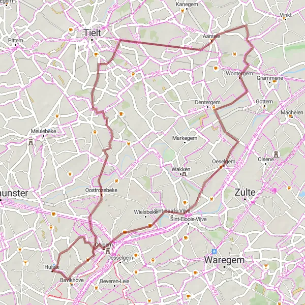 Map miniature of "Hulste - Oostrozebeke - Aarsele - Oeselgem - Ooigem - Hulste" cycling inspiration in Prov. West-Vlaanderen, Belgium. Generated by Tarmacs.app cycling route planner