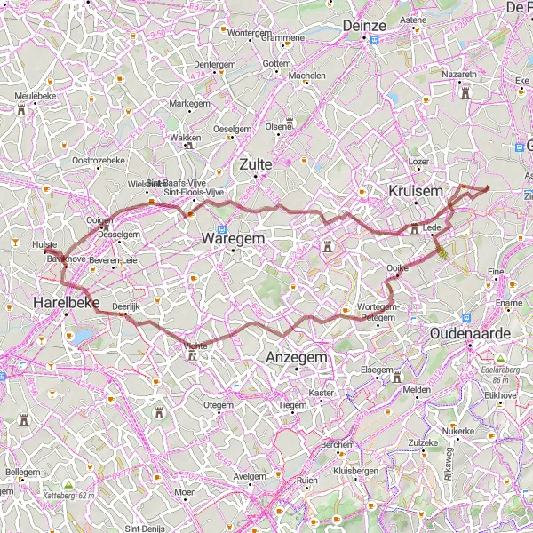 Miniatuurkaart van de fietsinspiratie "Gravelroute vanuit Hulste naar Bavikhove" in Prov. West-Vlaanderen, Belgium. Gemaakt door de Tarmacs.app fietsrouteplanner