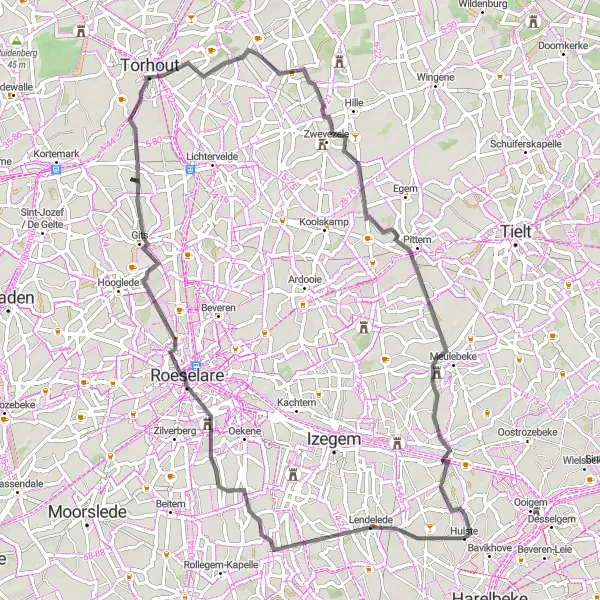 Karten-Miniaturansicht der Radinspiration "Rundtour von Hulste über Lendelede nach Zwevezele" in Prov. West-Vlaanderen, Belgium. Erstellt vom Tarmacs.app-Routenplaner für Radtouren