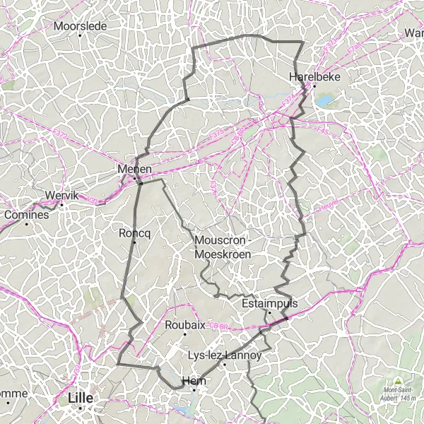 Map miniature of "Hulste - Bellegem - Lannoy - Roncq - Lendelede" cycling inspiration in Prov. West-Vlaanderen, Belgium. Generated by Tarmacs.app cycling route planner