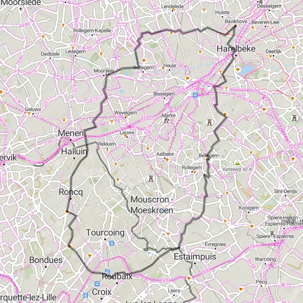 Map miniature of "Hills and Towns" cycling inspiration in Prov. West-Vlaanderen, Belgium. Generated by Tarmacs.app cycling route planner