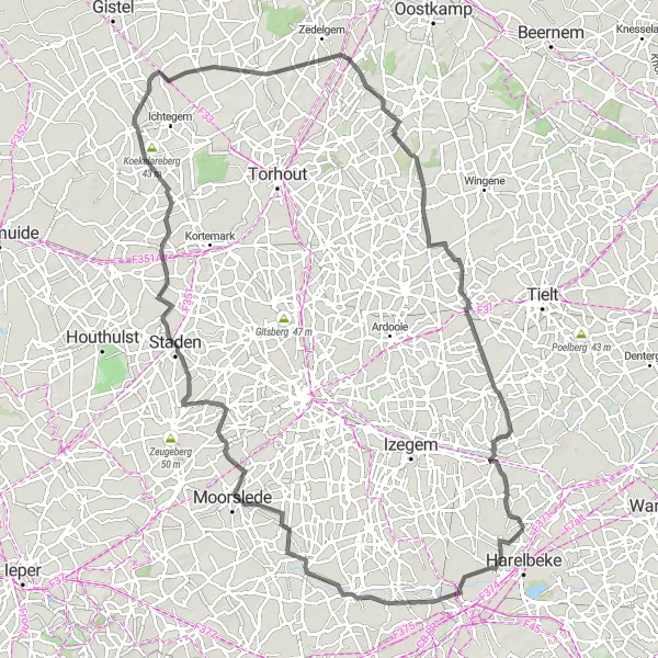 Map miniature of "Exploring the rural countryside" cycling inspiration in Prov. West-Vlaanderen, Belgium. Generated by Tarmacs.app cycling route planner