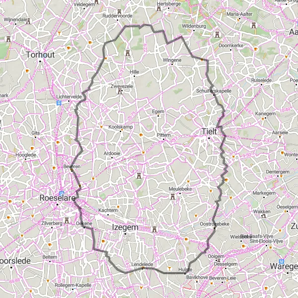 Map miniature of "Hulste and its surroundings" cycling inspiration in Prov. West-Vlaanderen, Belgium. Generated by Tarmacs.app cycling route planner