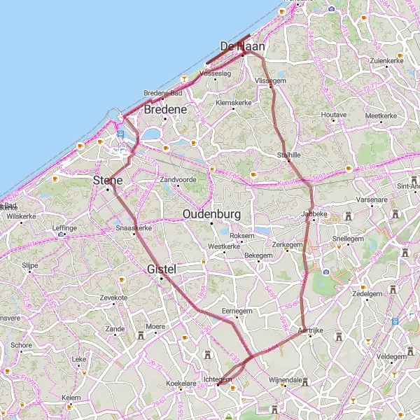 Map miniature of "Stene and Vosseslag Gravel Adventure" cycling inspiration in Prov. West-Vlaanderen, Belgium. Generated by Tarmacs.app cycling route planner