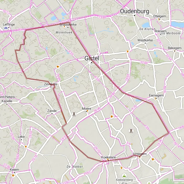 Map miniature of "Koekelare and Zevekote Gravel Loop" cycling inspiration in Prov. West-Vlaanderen, Belgium. Generated by Tarmacs.app cycling route planner