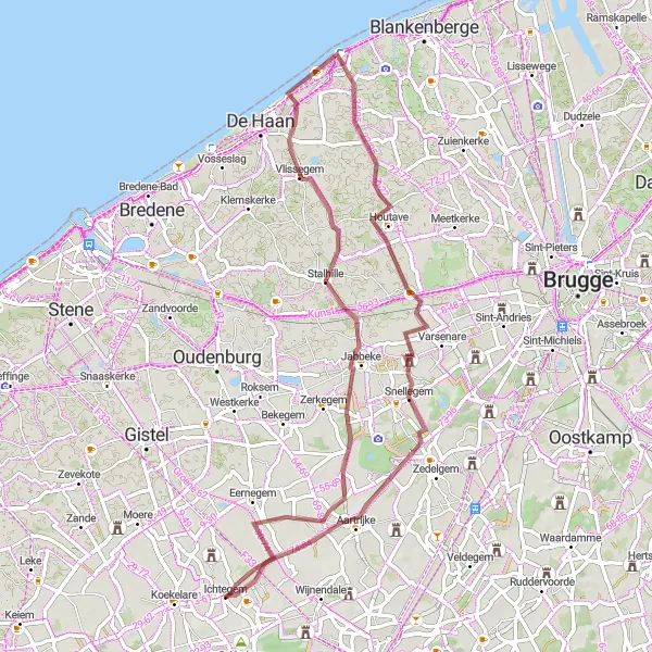 Map miniature of "Snellegem and Eernegem Gravel Loop" cycling inspiration in Prov. West-Vlaanderen, Belgium. Generated by Tarmacs.app cycling route planner