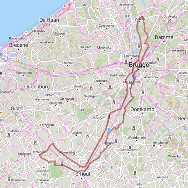 Map miniature of "The Gravel Odyssey" cycling inspiration in Prov. West-Vlaanderen, Belgium. Generated by Tarmacs.app cycling route planner