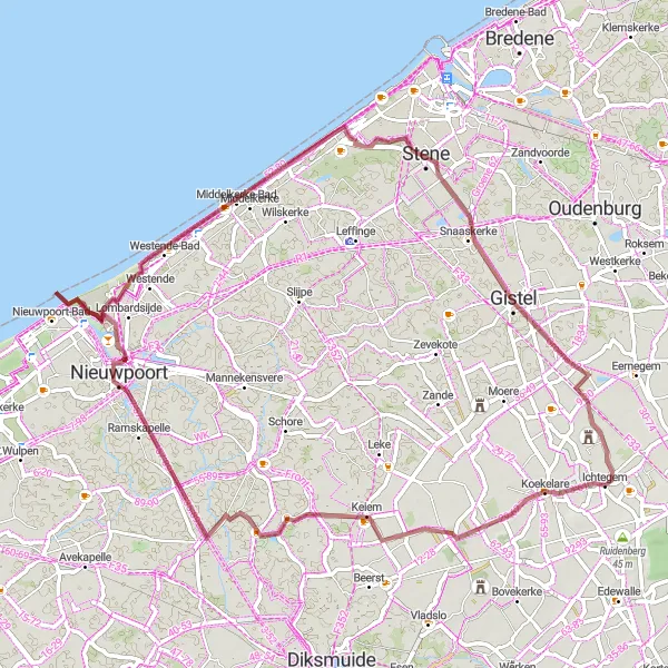 Map miniature of "Gravel Adventure" cycling inspiration in Prov. West-Vlaanderen, Belgium. Generated by Tarmacs.app cycling route planner