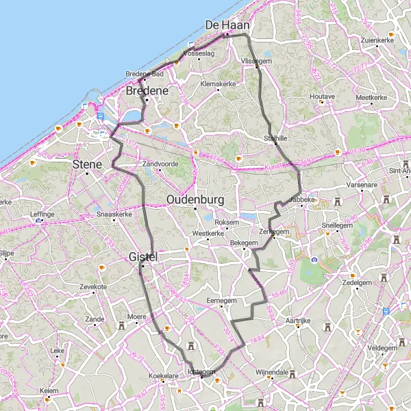 Miniatuurkaart van de fietsinspiratie "Rondrit naar Bredene en Vuurtoren/uitkijktoren" in Prov. West-Vlaanderen, Belgium. Gemaakt door de Tarmacs.app fietsrouteplanner