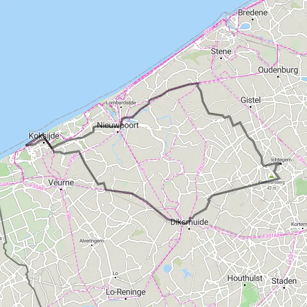 Miniature de la carte de l'inspiration cycliste "Parcours Routier de Koekelare à Oostduinkerke" dans la Prov. West-Vlaanderen, Belgium. Générée par le planificateur d'itinéraire cycliste Tarmacs.app