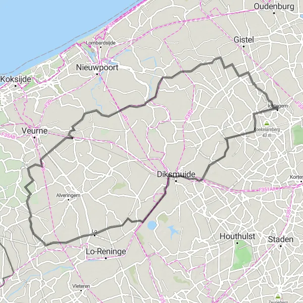 Map miniature of "Forgotten Iron Tower" cycling inspiration in Prov. West-Vlaanderen, Belgium. Generated by Tarmacs.app cycling route planner